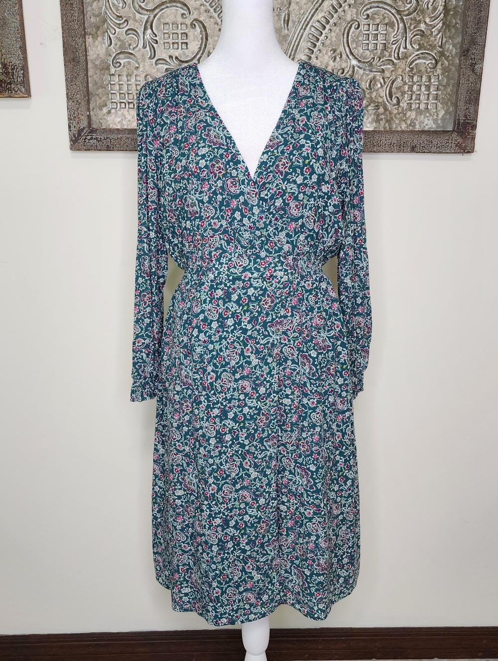 Caroll Paris Teal Floral Surplice Long Sleeve Midi Dress Small Floral Frenzy
